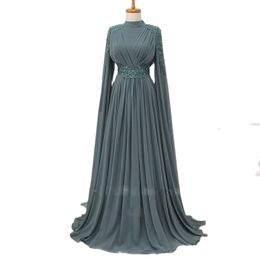 Vintage vrouwen moslimavondjurken met cape mouw Bead Een lijn chiffon formele jurk ruches High Neck Arabic Dubai Females prom jurk 326