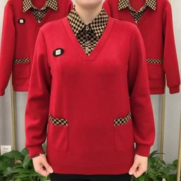 Vintage Vrouwen Plaid Splice Nep Tweedelige Poloshirt Lente Herfst Pocket Lange Mouw T-shirt Losse Fashion Casual Trui Tops 240106