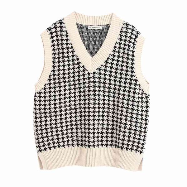 Vintage Femmes Plaid Vest Sweaters Summer Fashion Dames Élégantes Gilets tricotés Casual Femme Sweet Tops Girls Chic 210427