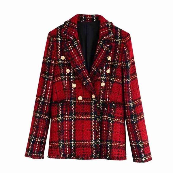 Abrigos a cuadros rojos Vintage para mujer, chaquetas de lana con doble botonadura a la moda para mujer, chaquetas elegantes con cuello entallado para mujer 210430