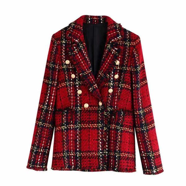 Abrigos a cuadros rojos Vintage para mujer, chaquetas de lana con doble botonadura para mujer, chaquetas elegantes con cuello entallado para mujer 210527