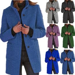 Manteau Vintage pour femmes, bouton solide, col montant, manteau en laine, veste pour femme, automne et hiver, à la mode, long, décontracté, épais, veste pour femme 240102