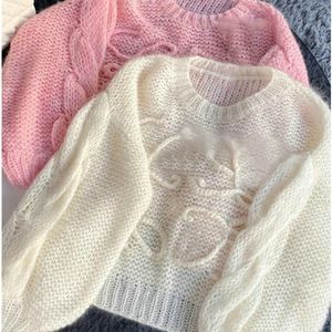 Suéteres Vintage para mujer, moda coreana, manga acampanada, suéter suave de Mohair con cuello redondo, jersey de otoño y primavera, ropa superior de punto larga 2023