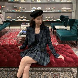 Vintage Vrouwen Set Blazer Short Skirt Suits 2 Stuks Preppy Setyle Love Sleeve Plaid Jacket Suits Streetwear Femme Blazer Suit1