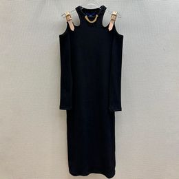 Vestido negro sexi para mujer, vestidos de manga larga con hombros descubiertos, vestido diario informal de diseñador de lujo para primavera y verano