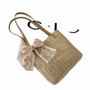 Vintage femmes tissé sac à bandoulière couleur unie dentelle Ribb fourre-tout sacs à main en osier Boho sac de paille pour la plage d'été poignée sacs beiges n5OX #