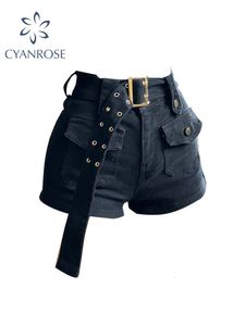 Vintage dames denim shorts met hoge taille Y2k casual jeans cargobroek gotische zwarte korte jeans met riem zomer 240311