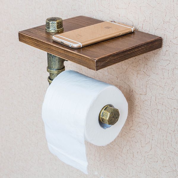 Porte-papier en bois Vintage, étagères de salle de bains, support de papier toilette en fer rétro industriel, support suspendu pour rouleaux de mouchoirs, Wood306Q