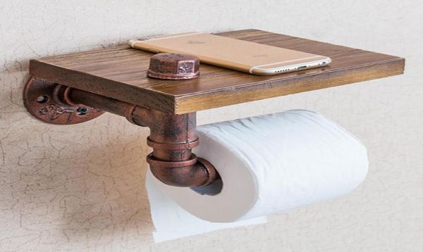 Porte-papier en bois Vintage étagères de salle de bain industriel rétro fer porte-papier toilette salle de bain el rouleau tissu suspendu support Wood8118871