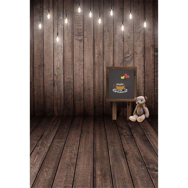 Fondo de fotografía de madera Vintage vinilo impreso pizarra oso juguete bombillas colgantes bebé niños foto de fondo piso de madera