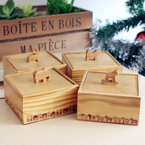 Vintage en bois 3D Boîte de rangement en bois en bois mignon Boîte à bijoux petite carré