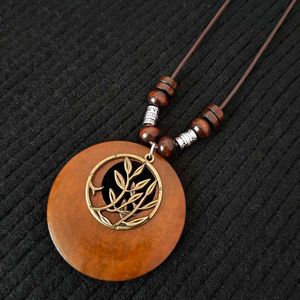 Vintage en bois hibou feuille pendentif colliers Boho Style ethnique métal creux feuilles colliers longue cire corde chaîne pour les femmes