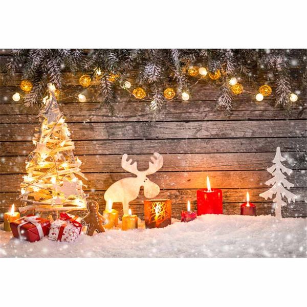 Fondo de fotografía de bombillas brillantes de pared de madera Vintage árbol de Navidad velas rojas regalos de alce nieve invierno niños foto estudio telón de fondo