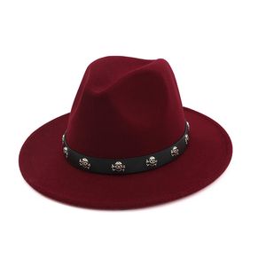 Vintage wol vilt brede rand gokker fedora hoed schedel klinknagel lederen decoratie mannen vrouwen Panama jazz formele top hoed cap