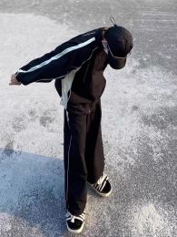 Vintage Y2K Black Joggers Set Women Retro Streetwear Hip Hop Tracksuit Oversize Zipper Sports Jacket Harajuku Sweatpants Suits