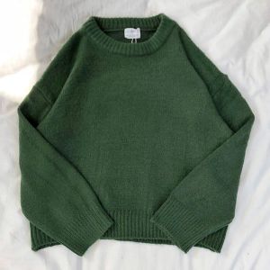 Vintage Y2K oversized groene trui ronde hals dikke fuzzy warme schattige truien herfst winter