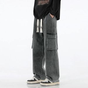 Vintage Y2K -zakken Baggy Jeans Men American Style Streetwear Straight Denim Cargo Pants vaste gewassen elastische taille pantalones 240325