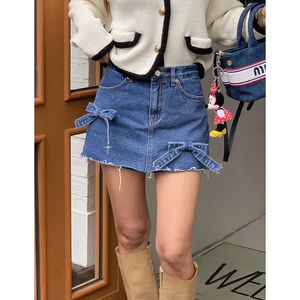 Vintage Y2K Streetwear A-Line Bow sexy rokken 2024 Zomer Women Casual High Taille Slim Sweet Mini Denim Korte rok 240419