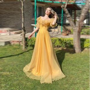 Vintage jaune col carré Tulle robes de bal Boho une ligne manches courtes à volants princesse robes de soirée longueur de plancher 328 328