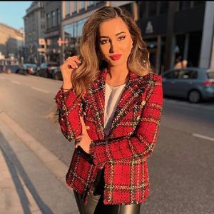 Vintage Za Mode Vrouwen Double Breasted Tweed Jas Stijlvolle Turn-Down Kraag Jassen Elegante Dames Plaid Lange Mouwen Jassen 240219