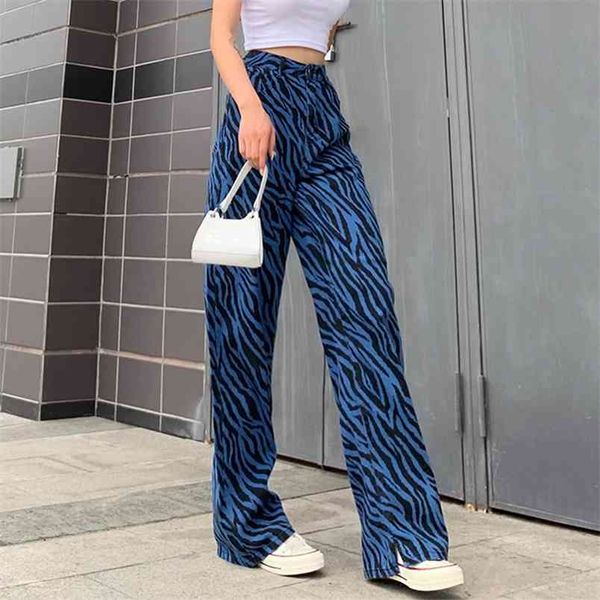 Vintage Zebra Rayé Imprimer Taille Haute Jambe Large Split Hem Bleu Baggy Jeans Femme Pantalon Droit Denim Y2k Pantalon Femme 210510