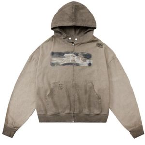 Vintage Zipper Hoodies Coat Streetwear Hip Hop Distressed Zip Waste Hooded Sweatshirt Fashion Cotton Hoodie