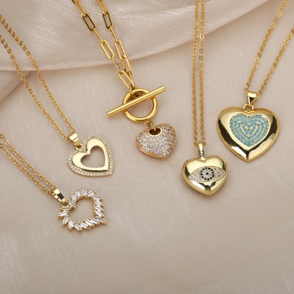 Collares Vintage de oro amarillo de 14k con forma de corazón de circonio para mujer, collar con colgante de ojos malvados, Gargantilla, joyería, regalo, bisutería para mujer