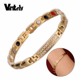 Vinterly Energy Bracelets magnétiques pour femmes Couleur Or Cristal Chaîne Lien Acier inoxydable Germanium ID Bracelet Femme 211124