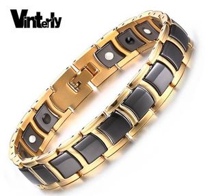 Vinterly Mens Bracelet Santé Noir Céramique Bio Magnétique Germanium Bracelets Hommes Main Chaîne Lien Or Couleur Inoxydable Bijoux