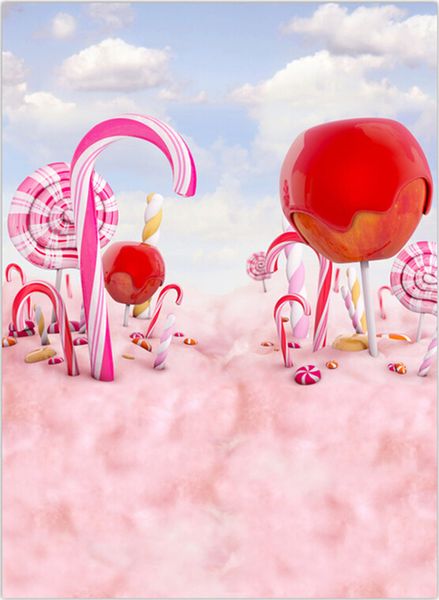 Vinyle bonbons toile de fond photographie bleu clair ciel doux rose nuage sol enfants bébé fête d'anniversaire toile de fond arrière-plans numériques