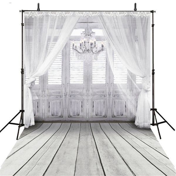 Vinyle Tissu Intérieur Lustre Toile de Fond Blanc Gris Bois Porte Plancher Photographie Fond Doux Rideau Bébé Douche Nouveau-Né Shoot Props