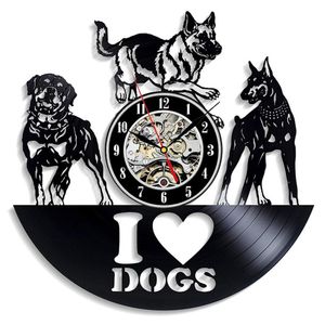 Horloge murale en vinyle avec disque vinyle, Design moderne, I Love Dog Animal, horloge murale suspendue, décoration d'intérieur, cadeaux pour les amoureux des chiens, 12 pouces, 229t