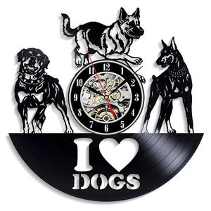 Vinyl Record Wandklok Modern Design I Love Dog Animal Vinyl Wandklok Hangend Horloge Home Decor Cadeaus voor Hondenliefhebbers 12 inch282i