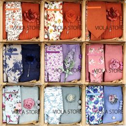 Viola Design 6 STKS Geschenkdoos Bloemen Effen Katoen Sock Tie Sets Clip Pin Manchetknopen Zakdoek Mannen Bruiloft Feest Dagelijks Das Accessoire 240129