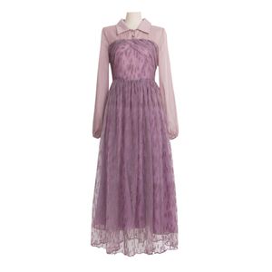 Violet jurk Lavendel Mesh Maxi Lange Baljurk Mouw Vrouwen Elegante Turn Down Collar D1230 210514