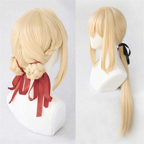 Violet Evergarden Queue De Cheval Tresse Brioches Cheveux Blonds Résistant À La Chaleur Cosplay Costume Perruque Perruque Cap Ruban Y09032076