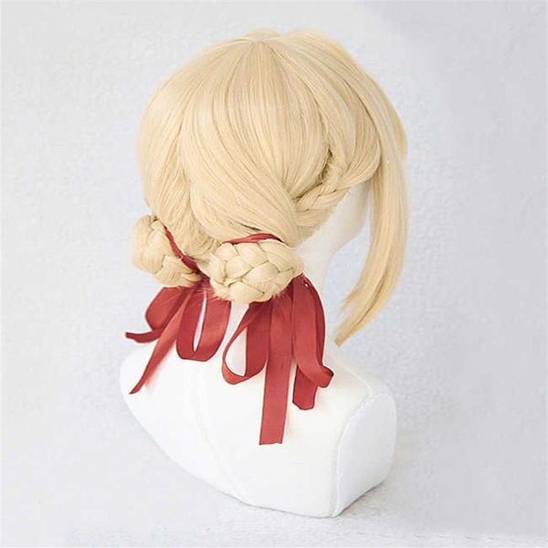 Violet Evergarden queue de cheval tresse chignons cheveux blonds résistant à la chaleur Cosplay Costume perruque casquette ruban Y0913234K