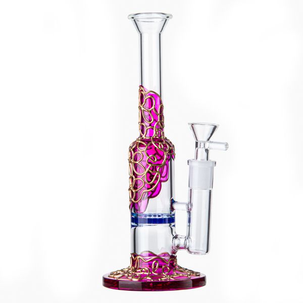 Violeta Oro Embriagador Bongs de vidrio Cachimbas Peine Verde Azul Perc Oil Dab Rigs 3 mm de espesor 9 pulgadas de alto Tubos de agua 14 mm Junta hembra con tazón