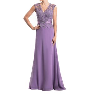 Vestido violeta de madre de la novia Elegante con cuello en V Sin mangas Gasa Apliques de tul con cuentas Vestidos formales