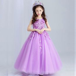 Robe de mariée en dentelle et Tulle Violet pour filles, longueur cheville, avec des Appliques de perles, robes de bal de fête pour enfants, robes de première Communion