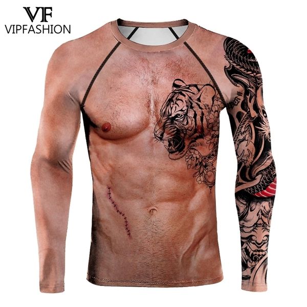 VIP FASHION divertido pecho músculo gimnasio ropa Fitness camiseta hombres compresión flaco culturismo manga larga deportes entrenamiento camiseta 220217