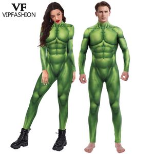 VIP Fashion Zentai Pourim Cosplay Costume Carnival Green Muscle Print Jumps Cuit BodySuit Bodys Femmes Men Halloween Party Wear