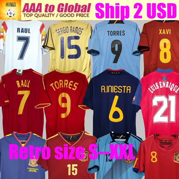 Maillot rétro Espagne 2010 1996 1994 RAUL XAVI Hierro LUIS ENSRIQUE ALONSO Caminero Iniesta PUYOL PIQUE David Villa TORRES 2008 2012 2002 Guerrero Guardiola RAMOS