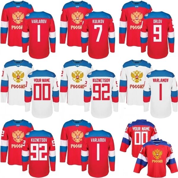 VipCeoA3740 Maillots de hockey pour hommes de l'équipe de Russie de la Coupe du monde 2016 9 Orlov 7 Kulikov 1 Varlamov 92 Kuznetson WCH Maillot 100% cousu avec n'importe quel nom et numéro