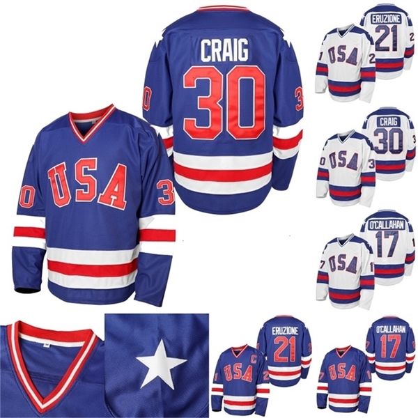 VipCeoMit Hommes 1980 USA Miracle On Ice Hockey Jersey # 17 Jack O'Callahan # 21 Mike Eruzione # 30 Jim Craig Hockey Jerseys S-XXXL En Stock Bleu Blanc