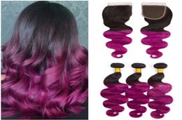 Vierge Brésilienne 1BPourpre Ombre Faisceaux De Tissage De Cheveux Humains avec Fermeture Violet Ombre Cheveux Humains 3 Bundle Offres avec Fermeture À Lacets 45241242