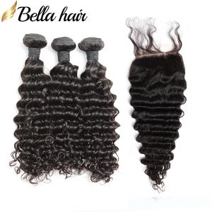 Braziliaanse Virgin Hair Weave Extensions 3 Bundel met Sluiting 4x4 Top Kantsluitingen Diepgolf Menselijk Haar Weave Inslag 4pcs / Partij Bella Haar