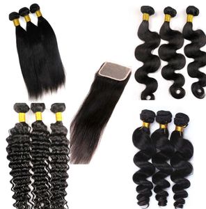 Tissages de cheveux brésiliens vierges avec fermeture en dentelle, trames de cheveux humains lisses, 100 extensions de cheveux humains de vison non transformés3354940