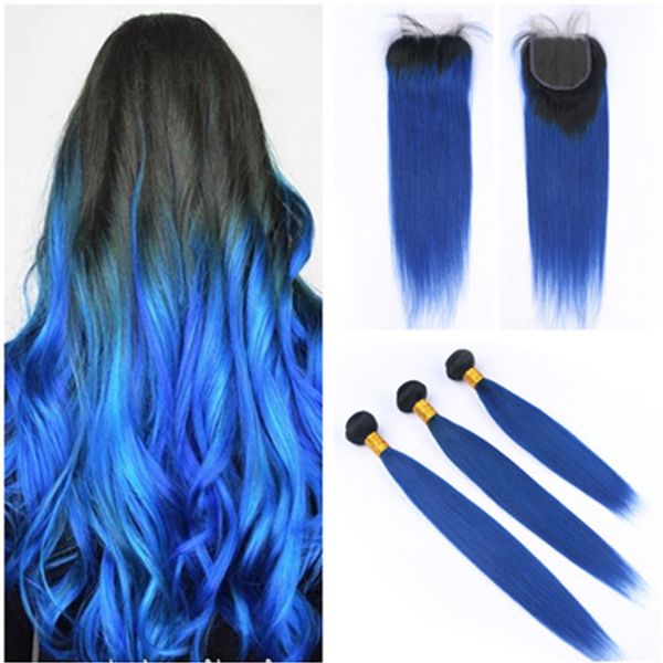 Extensiones brasileñas de la trama del pelo de la Virgen Ombre azul marino con el cierre recto # 1B / paquetes azules de la armadura del cabello humano de Ombre con el encierro 4x4 del cordón