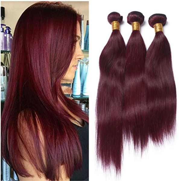 El cabello humano virgen brasileño vino rojo teje al por mayor recto # 99J Borgoña Virgen Remy paquetes de cabello humano 3 piezas extensiones de tramas